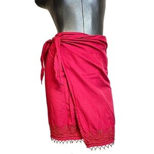 Women's Vintage Tommy Hilfiger Red Sarong Cotton Cover Wrap Skirt Beaded Trim